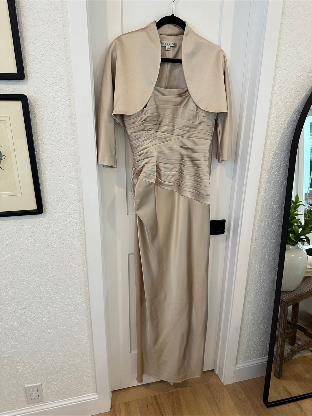 Niteline Champagne Satin Evening Dress with Matching Bolero